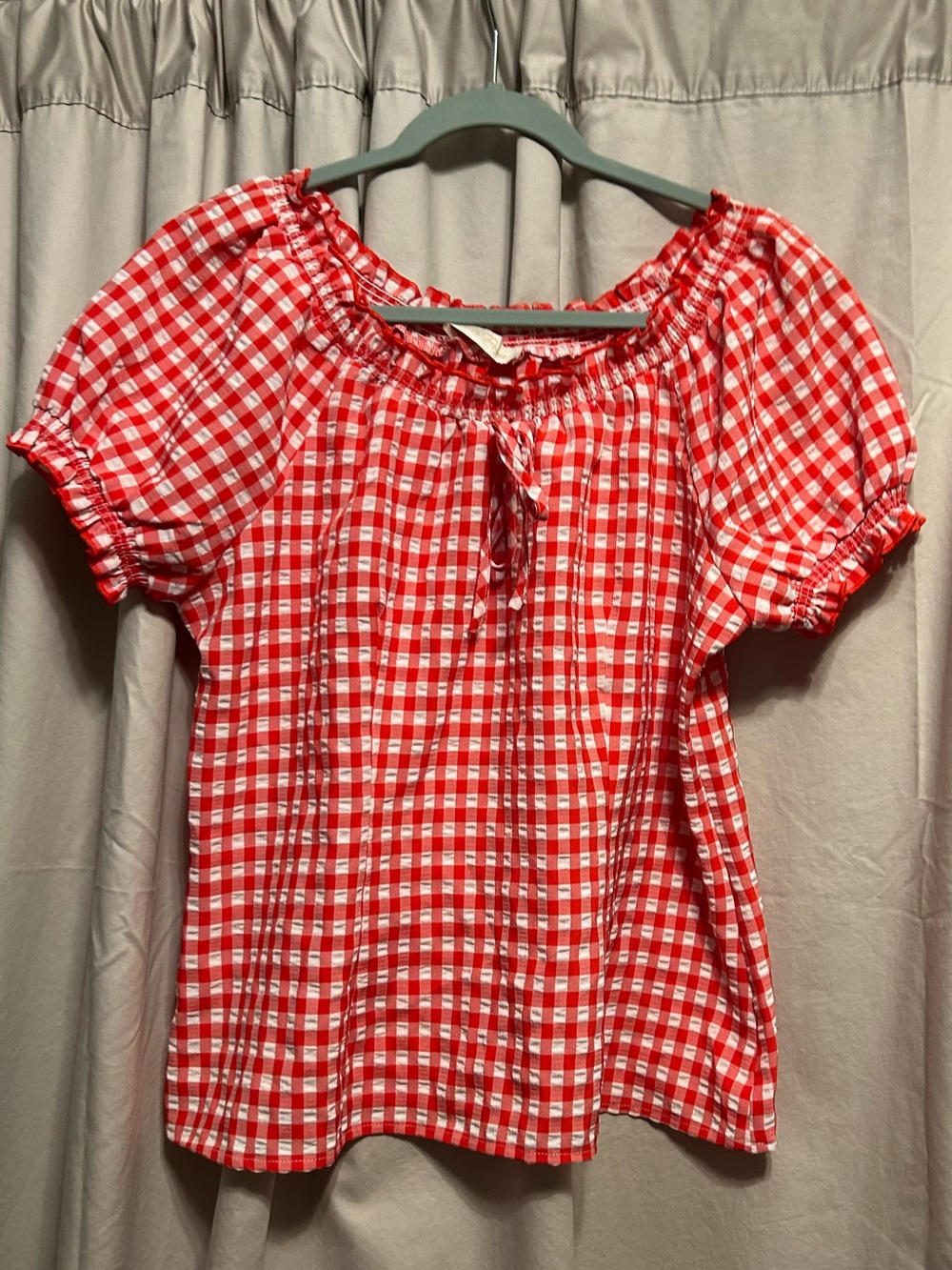Red Gingham Peasant Blouse with Tie Neck